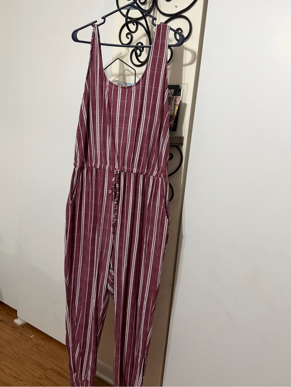 Striped Sleeveless Maroon Jumpsuit with Drawstring Waist